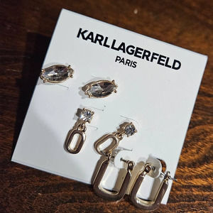 Karl Lagerfeld Paris 3PC Set Crystal Stud, Drop & Hoop Earrings